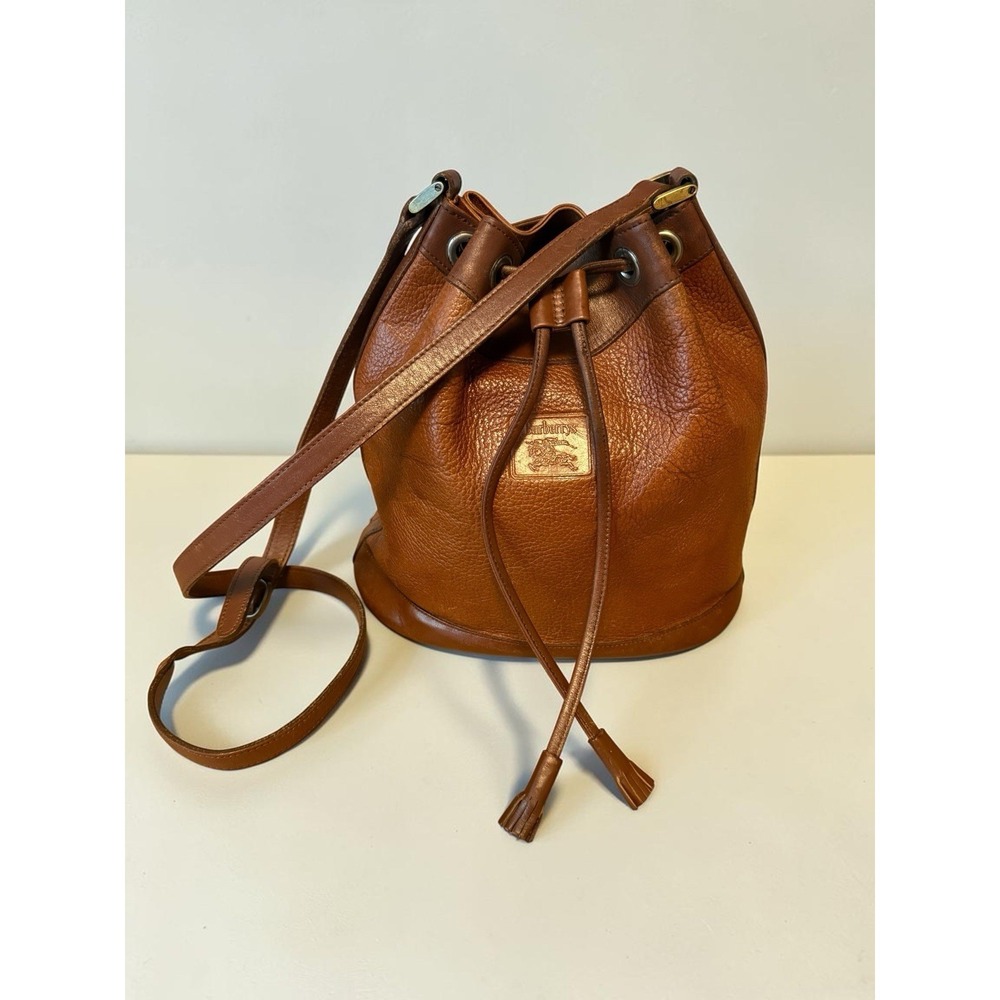 Vintage Burberrys Brown Pebbled‎ Leather Bucket Bag Nova Check Lined Crossbody